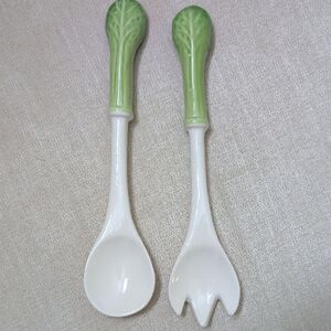 Green and White Ceramic Cabbage Handle Salad Servers